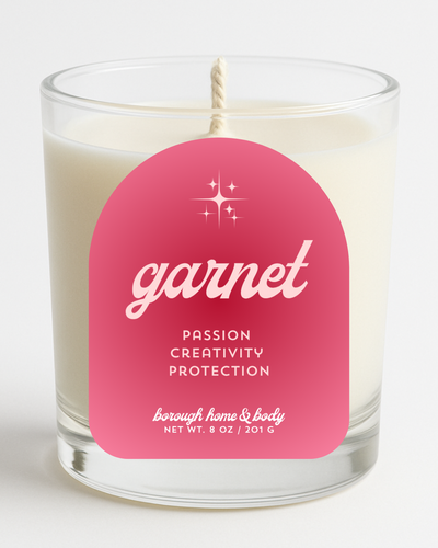 Front view of January Garnet Birthstone Candle with deep red label, displayed in an 8 oz clear glass jar on a white background; features scent notes of citrus, lavender, and violet.