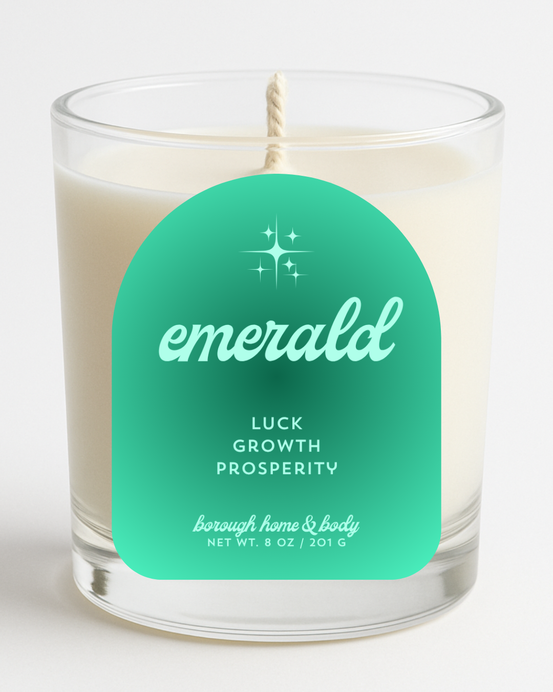 Front view of May Emerald Birthstone Candle with rich green label, in an 8 oz clear glass jar on a white background.