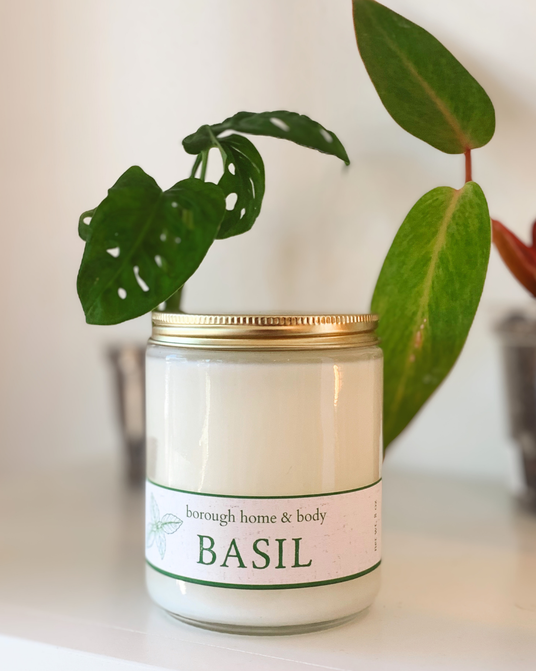 Basil scented candle in clear glass tumbler with gold lid, part of the Botanical Collection, soy wax with vibrant green garden aroma