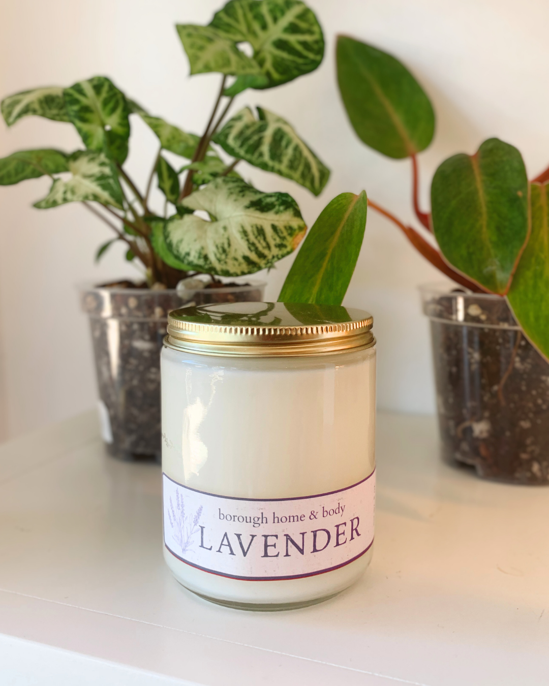 Lavender candle in minimalist glass container with gold lid, soy wax blend with clean floral and herbal scent from Botanical Collection