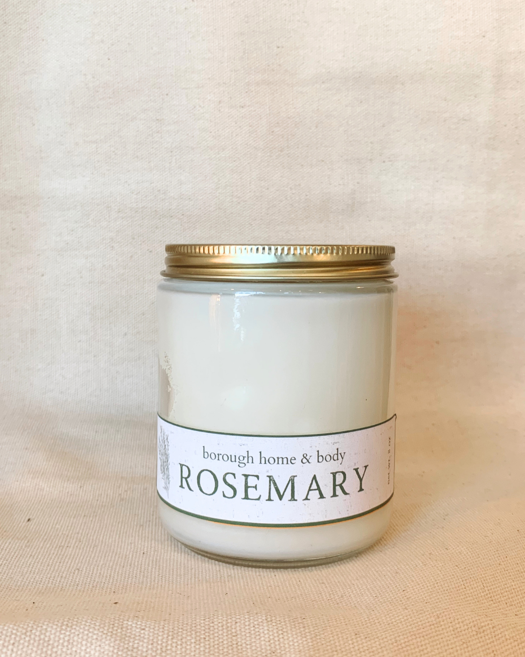Rosemary candle in straight-sided glass jar with gold lid, Botanical Collection, small-batch soy wax candle with fresh herbal scent
