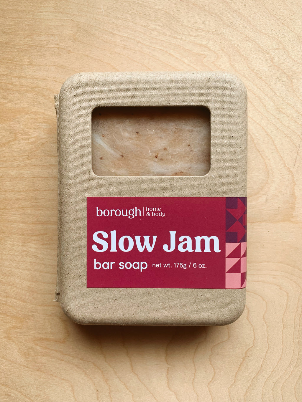Kraft clamshell of Slow Jam bar soap, top-down view