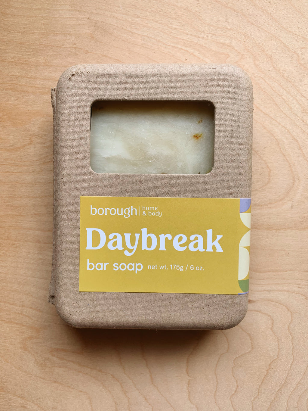 Kraft clamshell of bar soap, top-down view