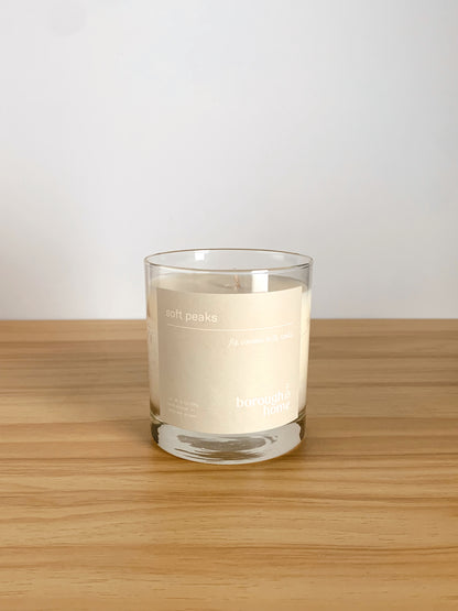 Soft Peaks scented candle, front view.