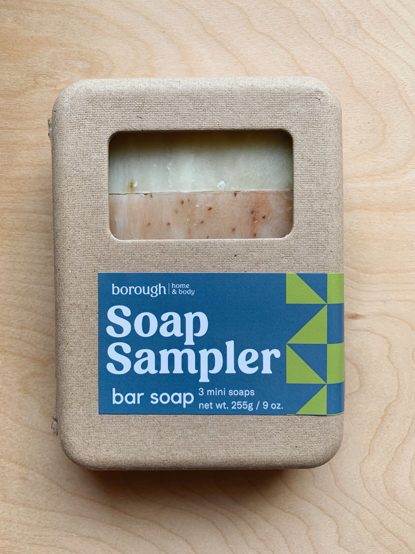 Kraft box of bar soap trio, front view
